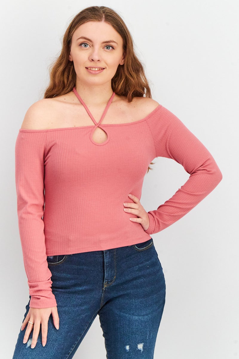 Aqua Women Halter Neck Long Sleeve Knitted Top, Mauve - Image 1