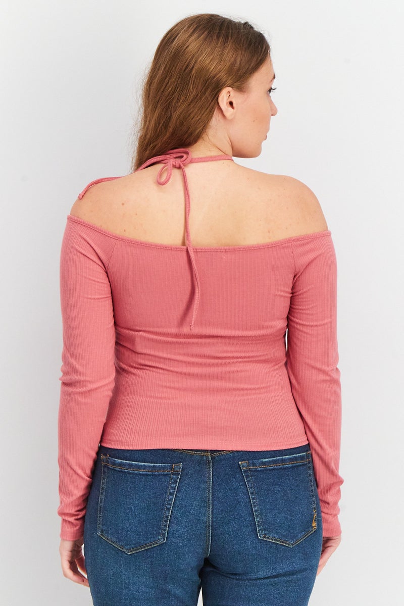 Aqua Women Halter Neck Long Sleeve Knitted Top, Mauve - Image 2