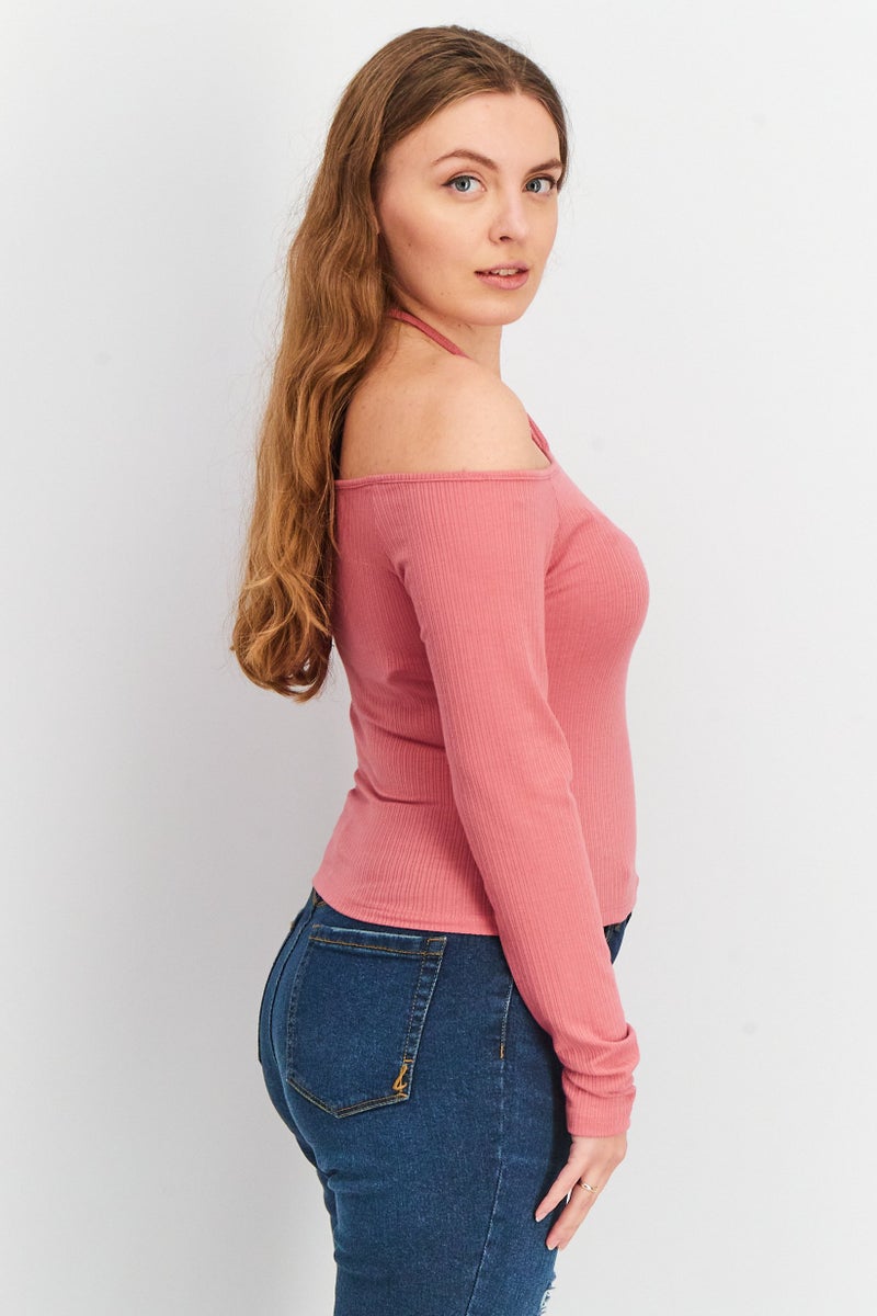 Aqua Women Halter Neck Long Sleeve Knitted Top, Mauve - Image 4
