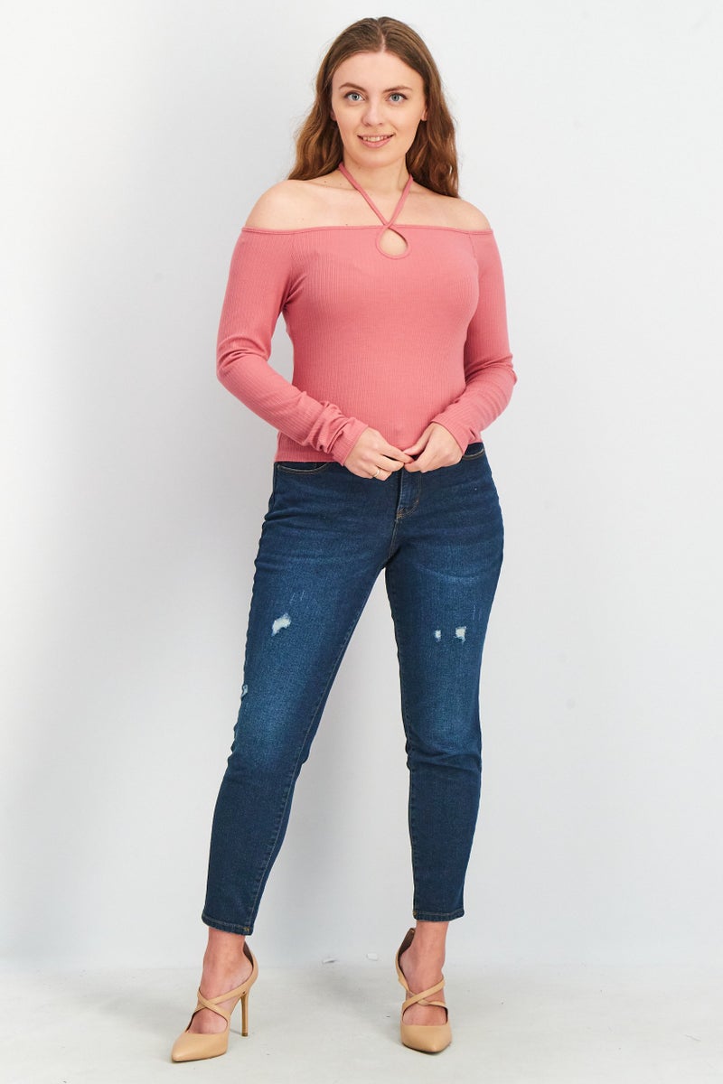 Aqua Women Halter Neck Long Sleeve Knitted Top, Mauve - Image 3