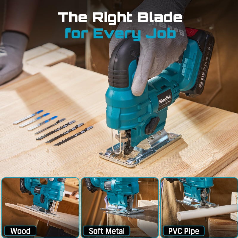 SEESII 21V Cordless Jigsaw Tool, Electric Jig Saw with 2Ã— 2.0Ah Batteries, 0Â°-45Â° Bevel Cuts, 4 Orbital Settings for Wood Cutting, 2800SPM Variable Speed, Mini Jigsaw for Straight/Curve/Circle Cutting - Image 3