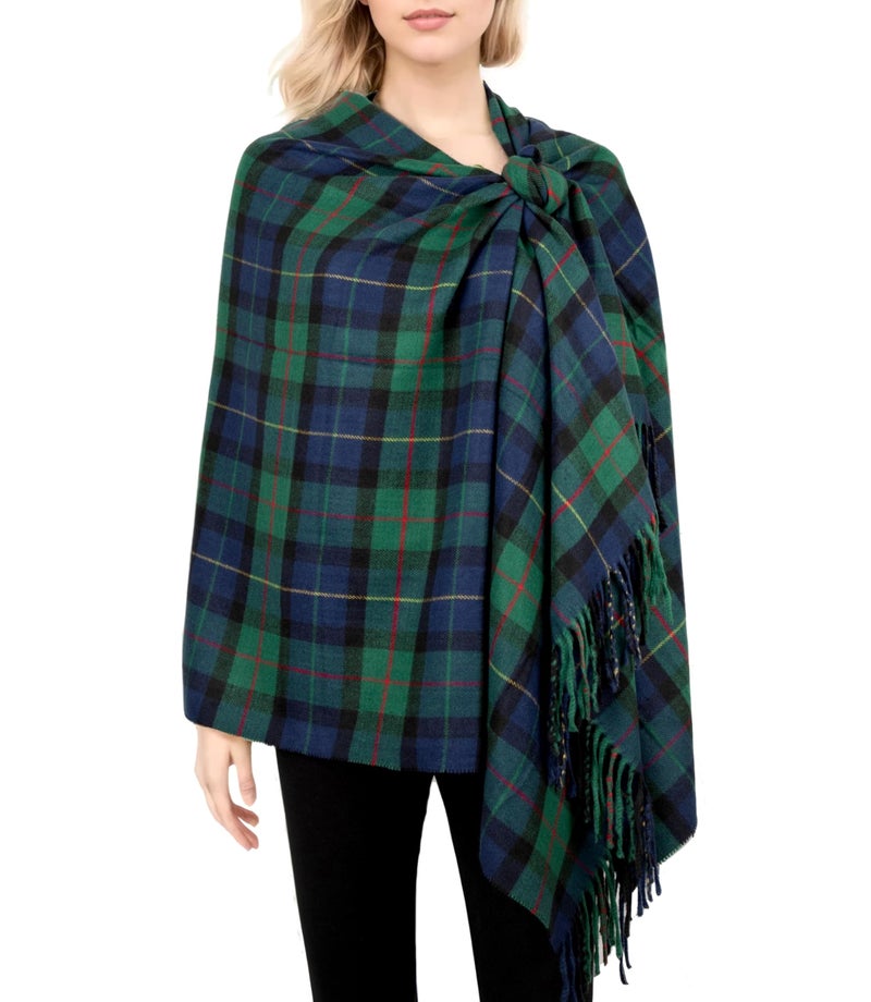 Achillea Long & Wide Scottish Clan Tartan Plaid Cashmere Feel Shawl Wrap Winter Warm Scarf 80" x 30" (Navy Green Plaid) - Image 1