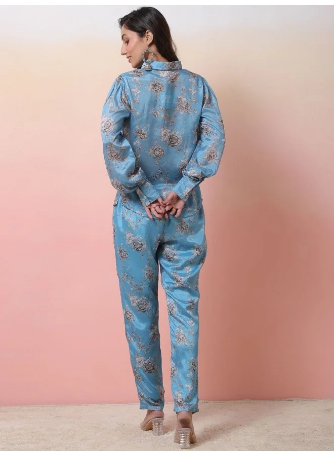 AKS  Cerulean Blue Printed Chinnon Co-Ord Set for Women | Best Price UAE