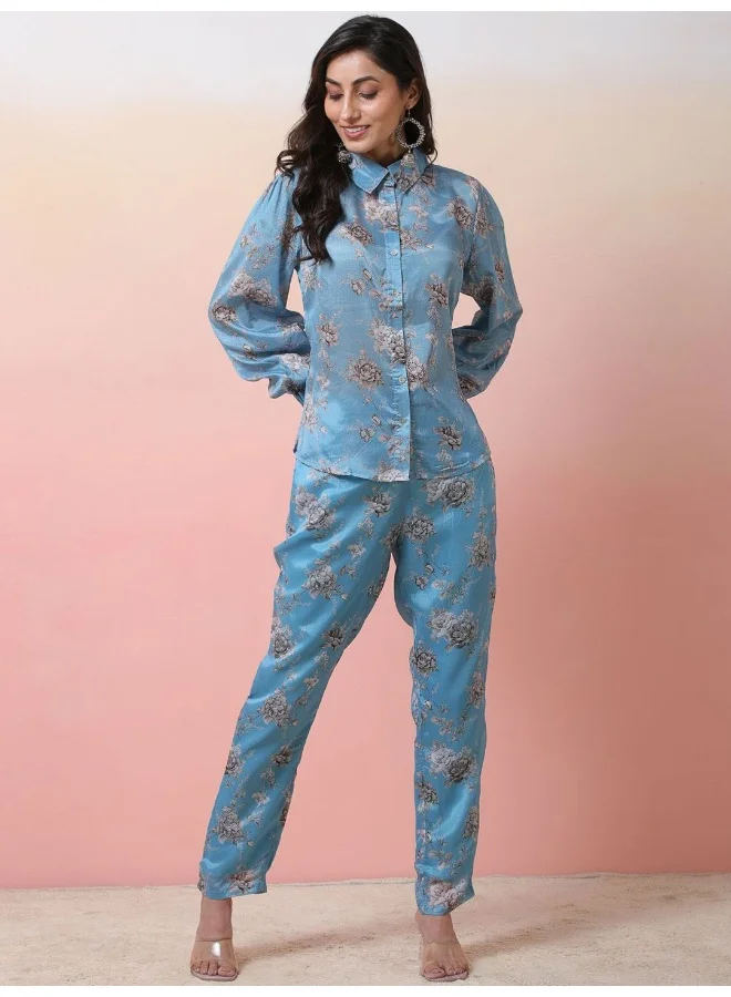 AKS  Cerulean Blue Printed Chinnon Co-Ord Set for Women | Best Price UAE