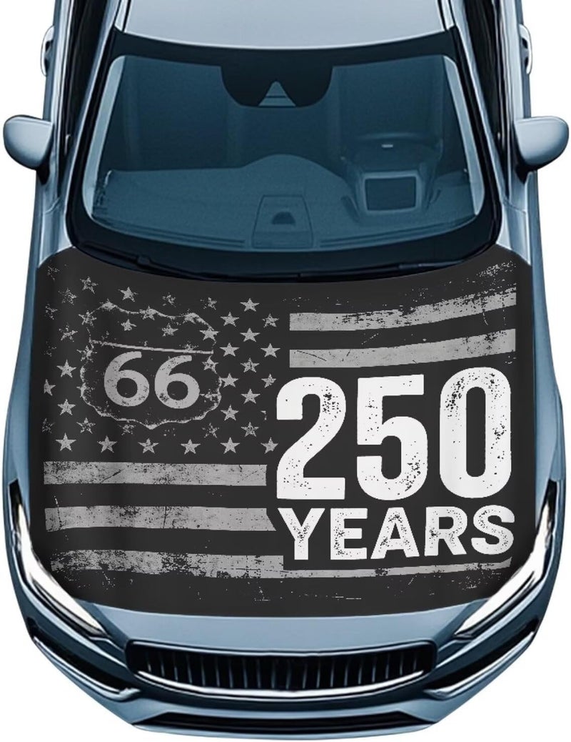 HUIACONG American 250 Years Car Hood Cover All-Season Protection Route 66 Hood Cover Protector of Cars Stretch Fabric Covers Automotive Accessories Universal Fits Most Cars - Image 1