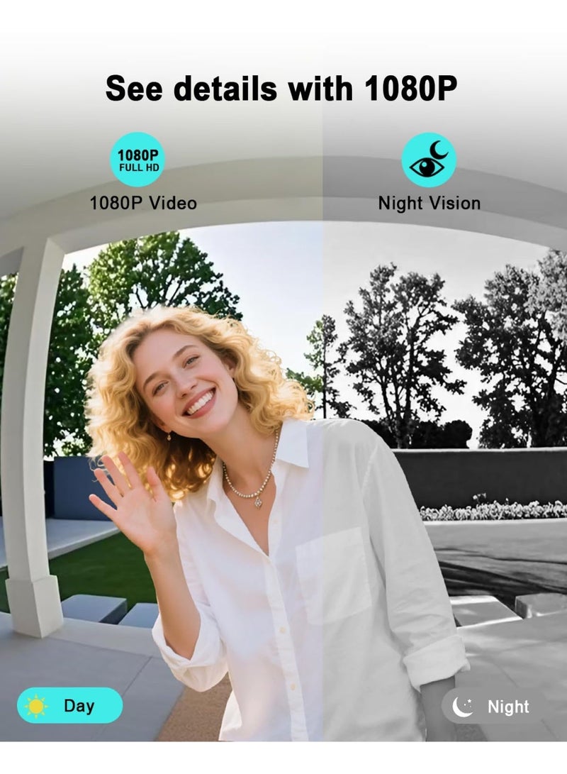 شابية كاميرا جرس باب بدقة 1080 بكسل مع جرس رنين، جرس باب فيديو ذكي مع محادثة ثنائية الاتجاه، تخزين سحابي، تنبيهات فورية، رؤية ليلية، مقاوم للماء IP55 - Image 3