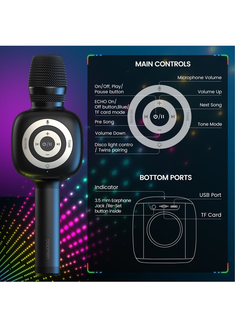 bopmen Wireless Bluetooth Kararoke Microphone, with Disco Ball Light, 4 Voice-Changing Modes, Handheld Mic Speaker, for Party/Adults/Kids, STAR 10 Balck - Image 4