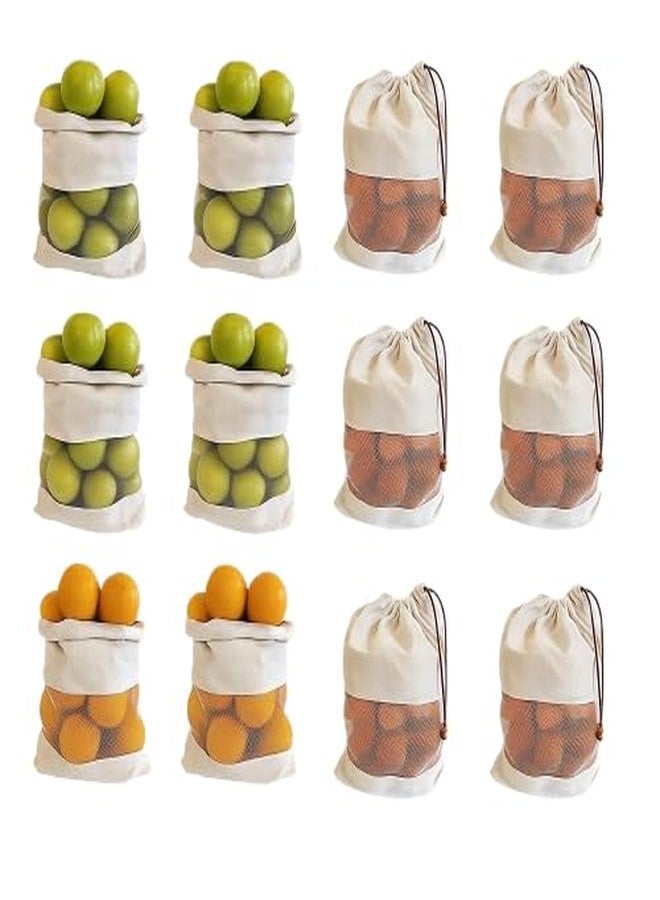 Kottify Pack of 12 Organic Cotton Reusable Produce Bags - Washable Muslin & Mesh Grocery Bags for Vegetables & Fruits | Eco-Friendly Cotton Storage Bags - Image 1