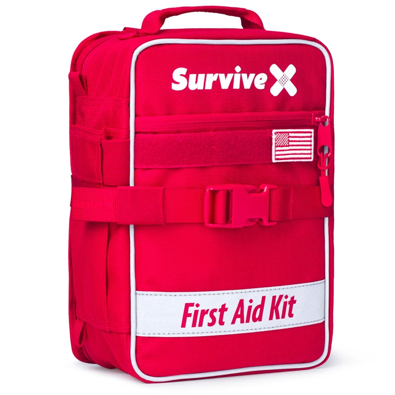 SurviveX Large First Aid Kit for Car Travel Home Emergency Kit for Hiking Camping Backpacking and Outdoors Includes Zip Stitch Wound Closure Strips FSA HSA Approved