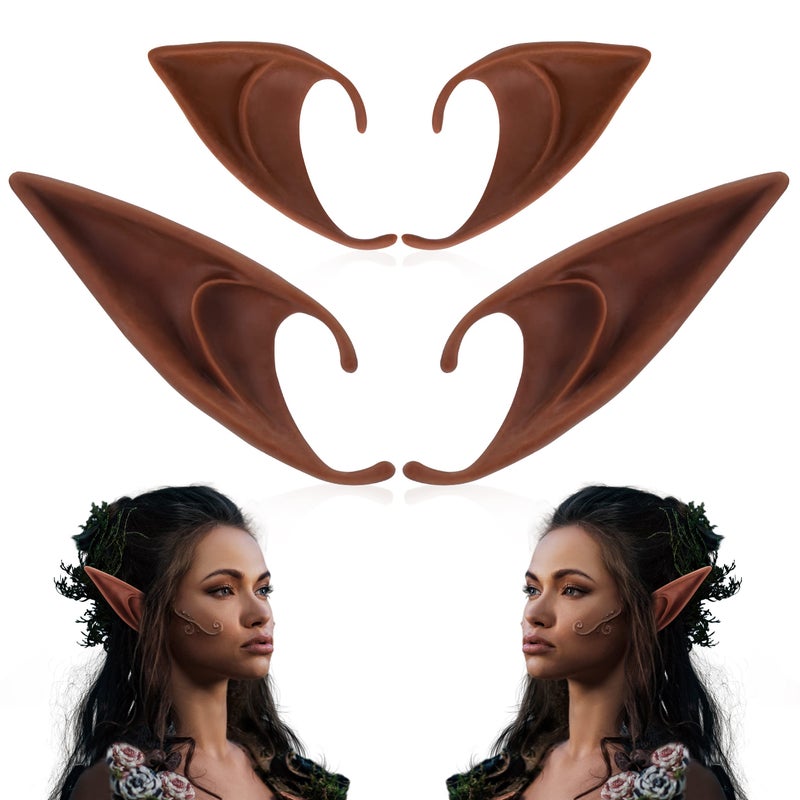 FRESHME Renaissance 2 Pairs Brown Pixie Elf Ears - Silicone Short and Long Fairy Ears Set Brown Skin for Women Cosplay Anime Vampire Elven Christmas Halloween Masqerade Costume Accessories - Image 1