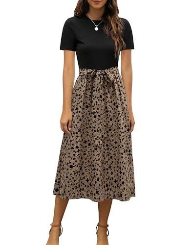 Zattcas Womens 2026 Summer Dresses Short Sleeve Ribbed Teacher Church Modest Business Casual Work Outfits Midi Dress with Pockets Blacktaupe XL - Image 1