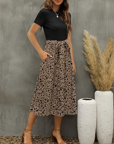 Zattcas Womens 2026 Summer Dresses Short Sleeve Ribbed Teacher Church Modest Business Casual Work Outfits Midi Dress with Pockets Blacktaupe XL - Image 2