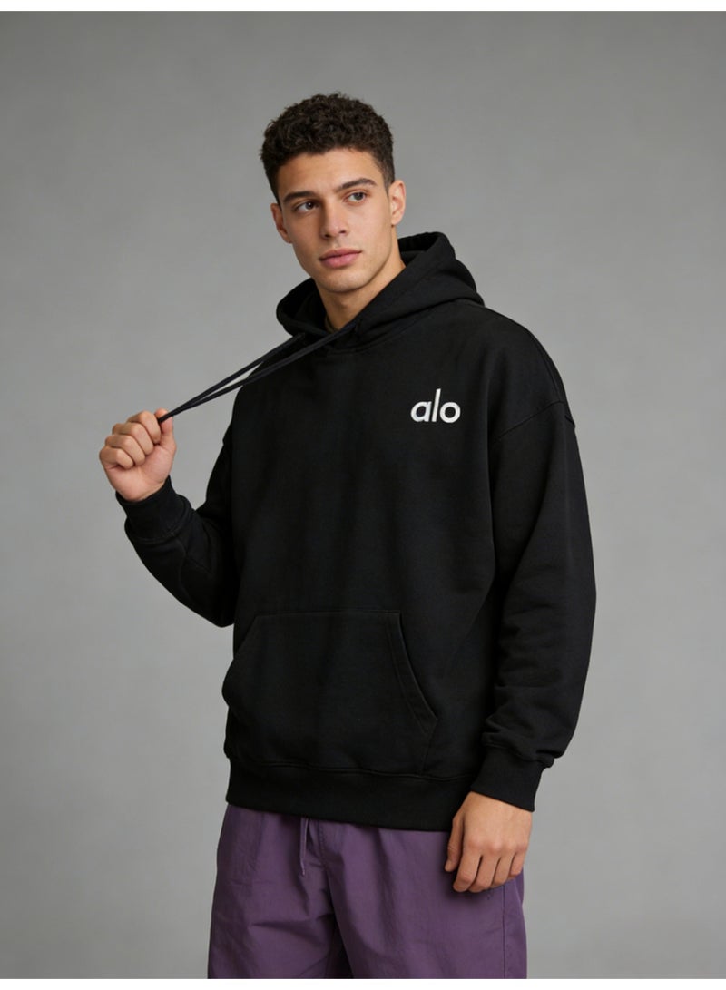 Alo Yoga Black Loose Hoodie - Soft fabric, ALO minimalist logo, adjustable drawstring, kangaroo pocket, casual daily style hoodie, unisex series long sleeved top. Unisex explosive street casual hoodie - Image 2