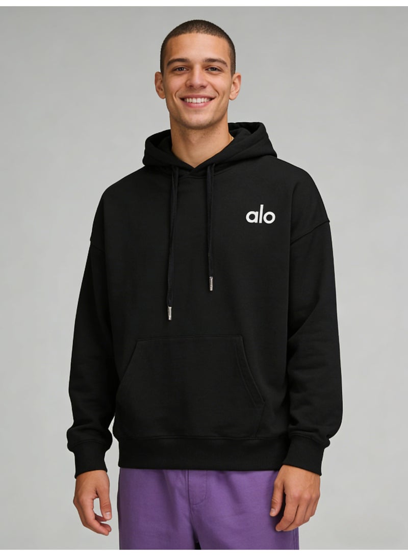 Alo Yoga Black Loose Hoodie - Soft fabric, ALO minimalist logo, adjustable drawstring, kangaroo pocket, casual daily style hoodie, unisex series long sleeved top. Unisex explosive street casual hoodie - Image 3