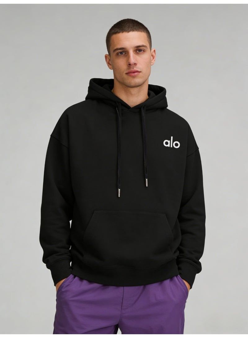 Alo Yoga Black Loose Hoodie - Soft fabric, ALO minimalist logo, adjustable drawstring, kangaroo pocket, casual daily style hoodie, unisex series long sleeved top. Unisex explosive street casual hoodie - Image 1