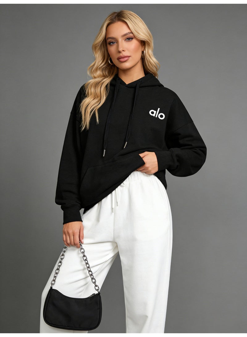 Alo Yoga Black Loose Hoodie - Soft fabric, ALO minimalist logo, adjustable drawstring, kangaroo pocket, casual daily style hoodie, unisex series long sleeved top. Unisex explosive street casual hoodie - Image 5