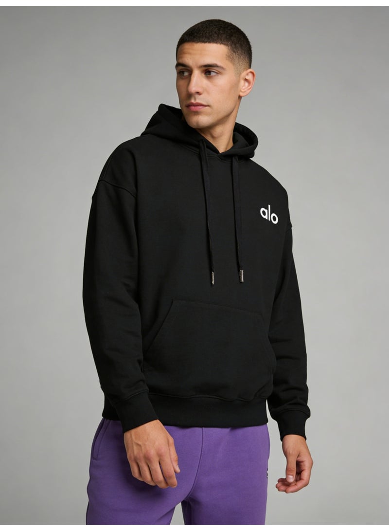 Alo Yoga Black Loose Hoodie - Soft fabric, ALO minimalist logo, adjustable drawstring, kangaroo pocket, casual daily style hoodie, unisex series long sleeved top. Unisex explosive street casual hoodie - Image 4