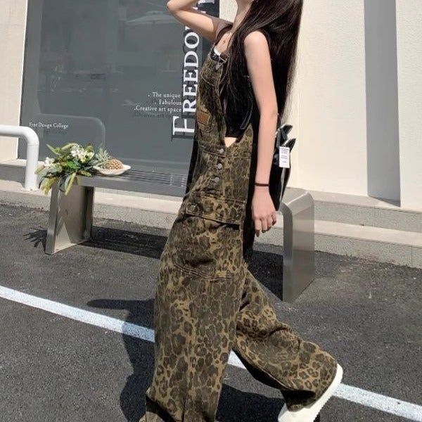 American Style High Street Spice Girl Vintage Leopard Print Denim Overalls Womens Spring and Autumn New Loose Slimming Wide Leg Pants Leopard print 
