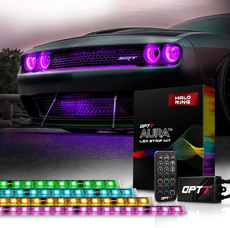 OPT7 Aura Halo Lights DRL for 2008-2023 Dodge Challenger with Remote Control, RGB Multicolor LED Neon Lighting Kit, Demon Eye, Angel Eye, Headlight Accessories, Easy Installation, Car Decor Assemblies - Image 1