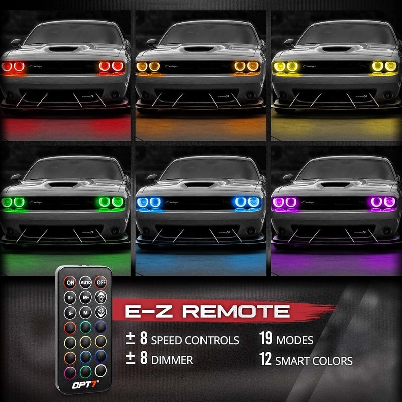 OPT7 Aura Halo Lights DRL for 2008-2023 Dodge Challenger with Remote Control, RGB Multicolor LED Neon Lighting Kit, Demon Eye, Angel Eye, Headlight Accessories, Easy Installation, Car Decor Assemblies - Image 3