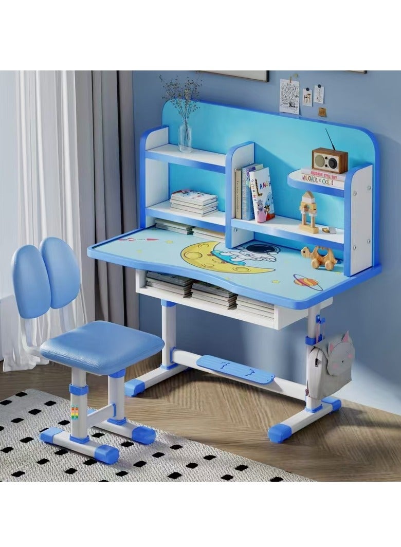 Generic Kids Study Table and Chair Set Kids Study Desk Adjustable Height Student Writing Desk Home Office Study Table with Multi-Tier Bookshelf and Storage Drawer Laptop Desk with Spacious Desktop （Blue）  - Image 1