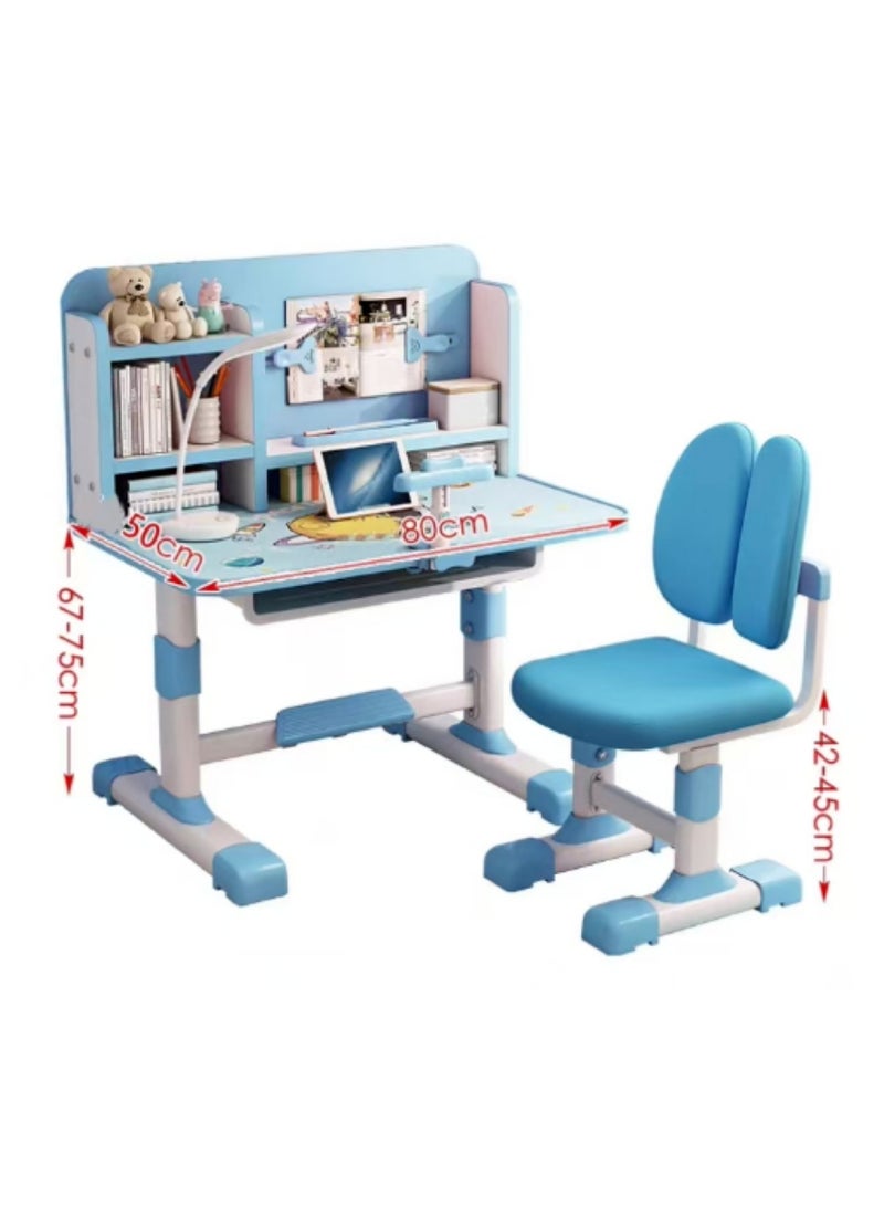 Generic Kids Study Table and Chair Set Kids Study Desk Adjustable Height Student Writing Desk Home Office Study Table with Multi-Tier Bookshelf and Storage Drawer Laptop Desk with Spacious Desktop （Blue）  - Image 2
