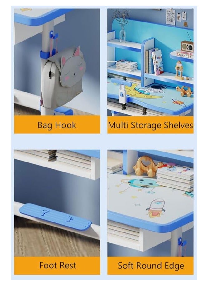 Generic Kids Study Table and Chair Set Kids Study Desk Adjustable Height Student Writing Desk Home Office Study Table with Multi-Tier Bookshelf and Storage Drawer Laptop Desk with Spacious Desktop （Blue）  - Image 3