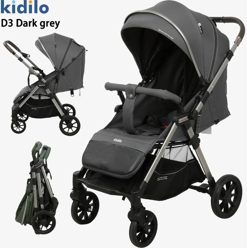 Kidilo D3 Baby Stroller | Compact One-Hand Fold | Multi-Position Recline Seat | Large Extendable Canopy | Shock-Absorbing Wheels | 5-Point Harness | Large Storage Basket