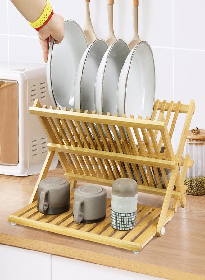 KKTONER Bamboo Dish Drying Rack with Utensil Holder 3 Tier Collapsible Drainer Rack with Dish Drying Mat for Kitchen Counter (Natural) - Image 2