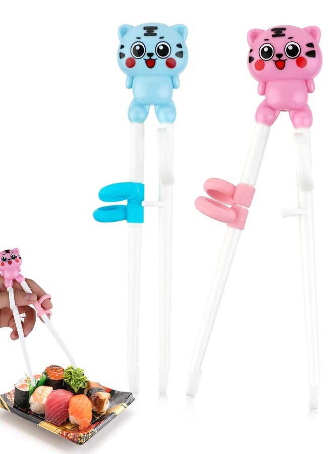 2 Pairs Kids Chopsticks, Training Chopsticks for Kids, Cute Animal Cartoon Design Chopsticks for Learning and Training, Blue Pink Tiger - Image 1