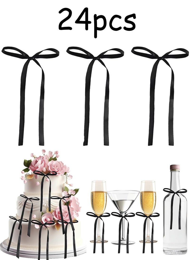 24 Pcs Bow Cupcake Toppers Satin Bows Birthday Cake Toppers Valentine's Bowknot Ribbons Bridal Cake Dessert Picks Coquette Cupcake Picks Girl Birthday Wedding Party Supplies, Black - Image 1