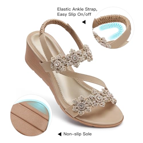 SHIBEVER Wedge Sandals for Women Dressy Summer Nude Open Toe Low Platform Wedges Sandals Flower Comfortable Casual Shoes Size 7 - Image 5