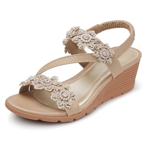 SHIBEVER Wedge Sandals for Women Dressy Summer Nude Open Toe Low Platform Wedges Sandals Flower Comfortable Casual Shoes Size 7 - Image 1