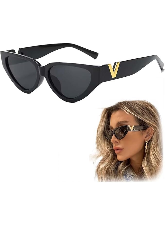 ذا باك نظارة شمسية نسائية بشعار V معدني، إطار أسود، عدسات هندسية - Image 1