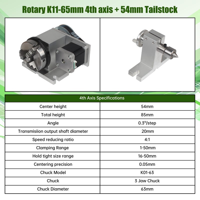 CNCTOPBAOS CNC Milling Machine Rotational Axis CNC Router Rotary Table Rotary a axis 4th Axis 65mm 3 Jaw Chuck Dividing Head w/ Nema17 stepper motor w/ 54mm Tailstock Reducing ratio 4:1 for CNC Engraving Machine - Image 4