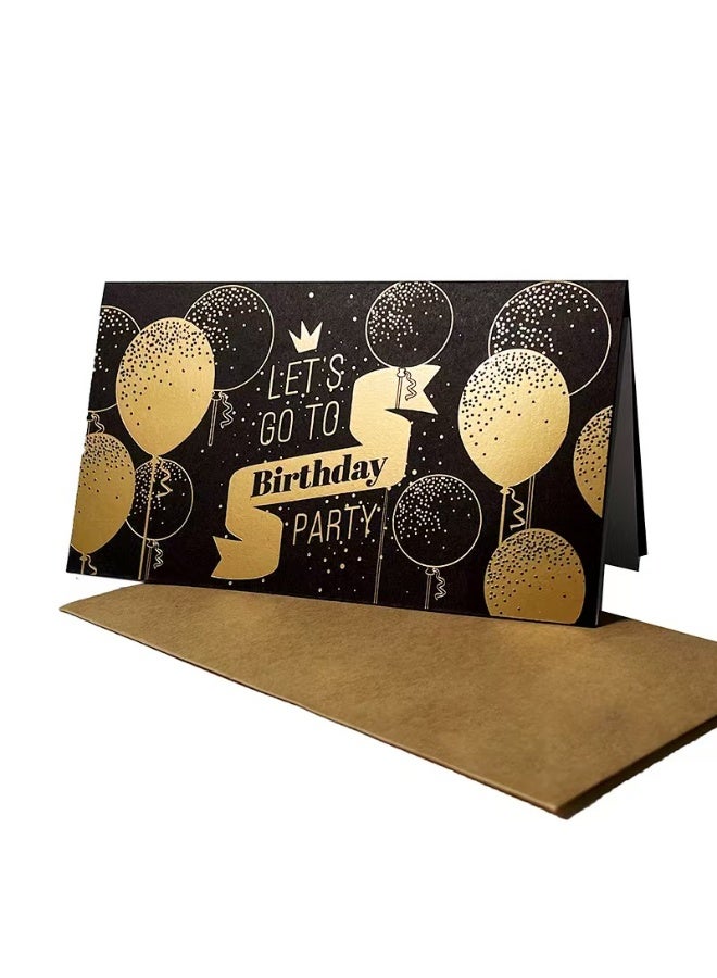 Let's Go To Birthday Party card, black and gold gift card, unique design, greeting message, blessing card, blank notepad card, with envelope (15.5 x 8.5 cm / 6.1 x 3.35 inches)