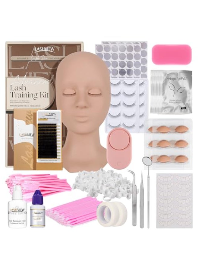 LASHVIEW Lash Kit for Beginners 338pcs Lash Extension Kit Professional Mannequin Head With 7 Pairs Replaced Eyelids Silicone Training Set Include Mini Fan Dryer Makeup Natural Skin Color - Image 1