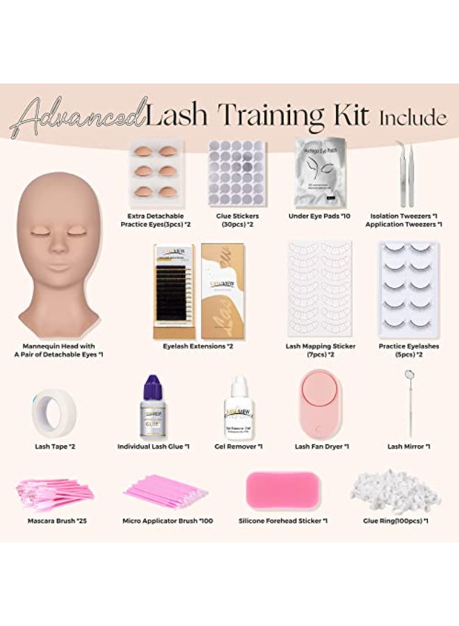 LASHVIEW Lash Kit for Beginners 338pcs Lash Extension Kit Professional Mannequin Head With 7 Pairs Replaced Eyelids Silicone Training Set Include Mini Fan Dryer Makeup Natural Skin Color - Image 3