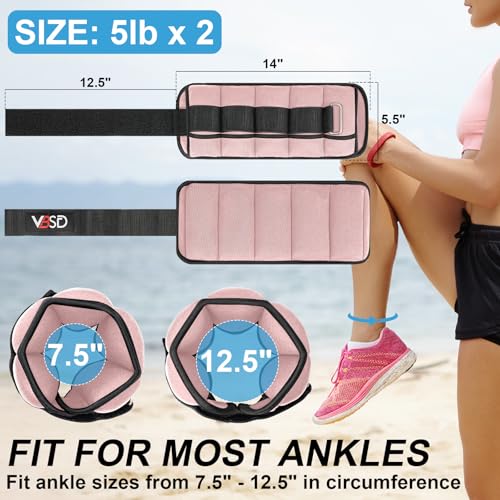 VBSD Adjustable Ankle Weights for Men Women, 10lb 1 Pair Leg Weight Straps, Weighted Ankle Weights Set for Gym, Yoga, Jogging, Walking, Aerobics, 1-5 lbs Each Ankle, 1 Pair 2-10 lbs, Pink - Image 2