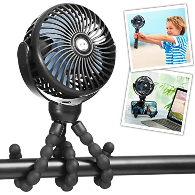 Mini Portable Baby stroller Fan, Battery Operated Personal Small Handheld Fan, 360° Rotate Flexible Tripod Rechargeable Clip On for Car Seat Crib Bike Treadmill Travel Camping Black - Image 1