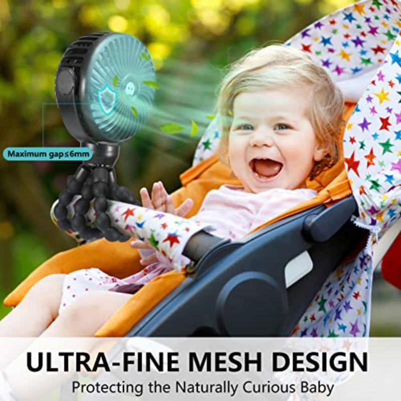 Mini Portable Baby stroller Fan, Battery Operated Personal Small Handheld Fan, 360° Rotate Flexible Tripod Rechargeable Clip On for Car Seat Crib Bike Treadmill Travel Camping Black - Image 3