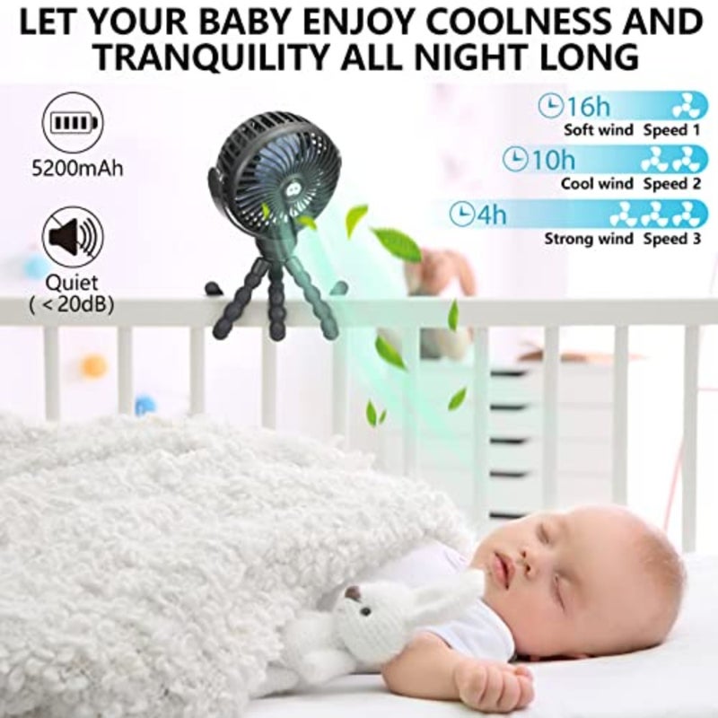 Mini Portable Baby stroller Fan, Battery Operated Personal Small Handheld Fan, 360° Rotate Flexible Tripod Rechargeable Clip On for Car Seat Crib Bike Treadmill Travel Camping Black - Image 4