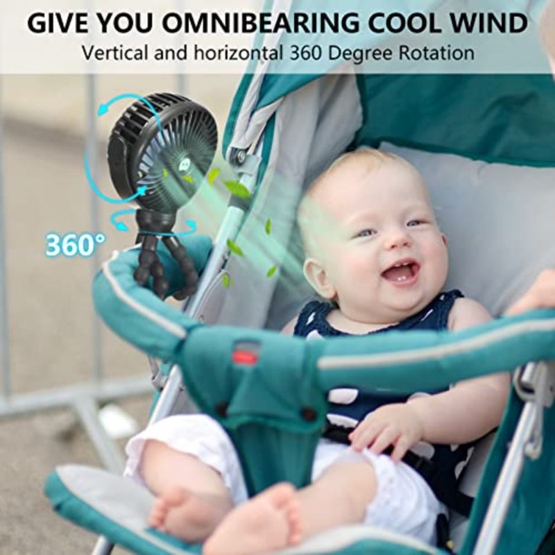 Mini Portable Baby stroller Fan, Battery Operated Personal Small Handheld Fan, 360° Rotate Flexible Tripod Rechargeable Clip On for Car Seat Crib Bike Treadmill Travel Camping Black - Image 5