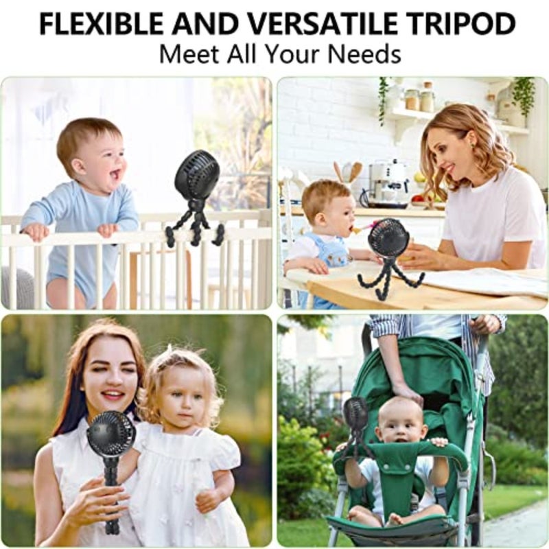 Mini Portable Baby stroller Fan, Battery Operated Personal Small Handheld Fan, 360° Rotate Flexible Tripod Rechargeable Clip On for Car Seat Crib Bike Treadmill Travel Camping Black - Image 2