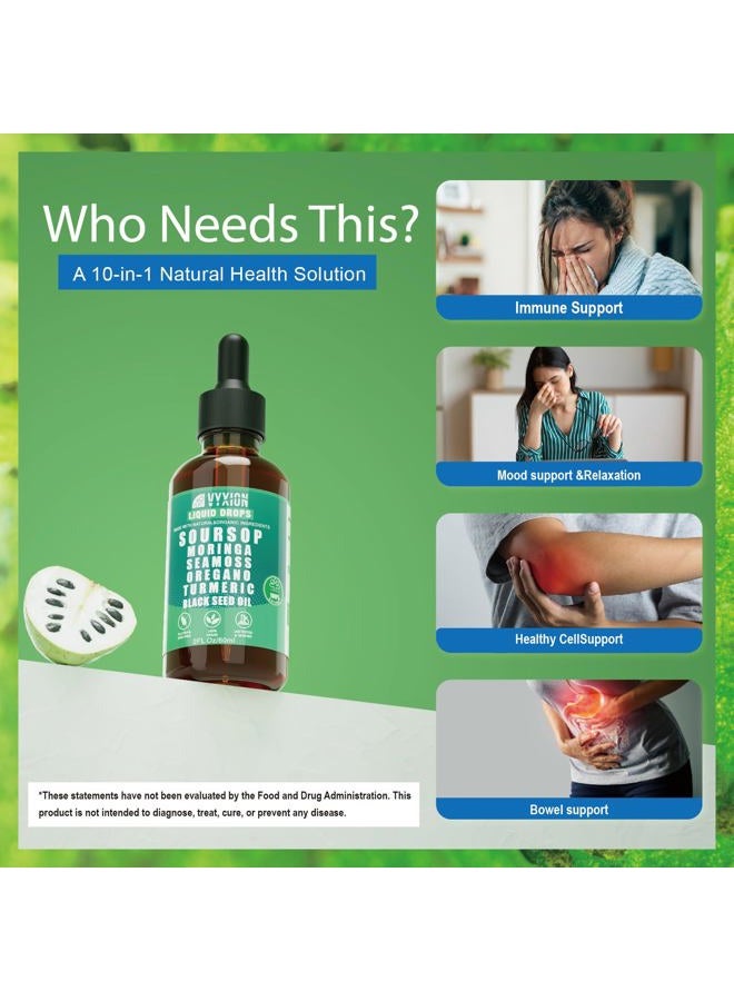 Vyxion Soursop Bitters Liquid Drops 10 in 1 with Sea Moss, Moringa, Turmeric, Black Seed Oil, Oregano, Ashwagandha | Herbal Extracts for Overall Health-Enhancing | Vegan, Non-GMO | 2 Fl Oz - Image 3
