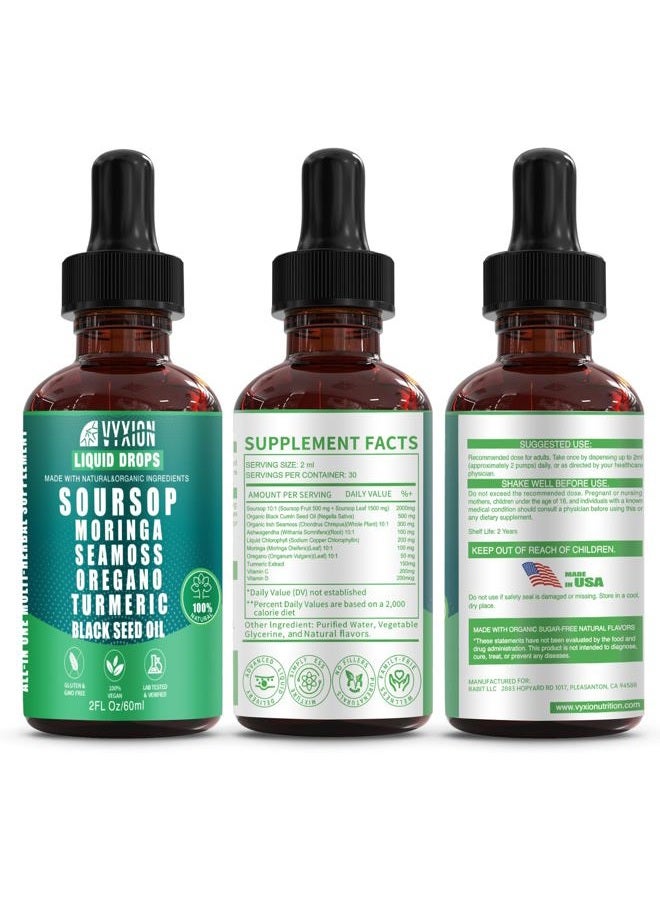 Vyxion Soursop Bitters Liquid Drops 10 in 1 with Sea Moss, Moringa, Turmeric, Black Seed Oil, Oregano, Ashwagandha | Herbal Extracts for Overall Health-Enhancing | Vegan, Non-GMO | 2 Fl Oz - Image 2