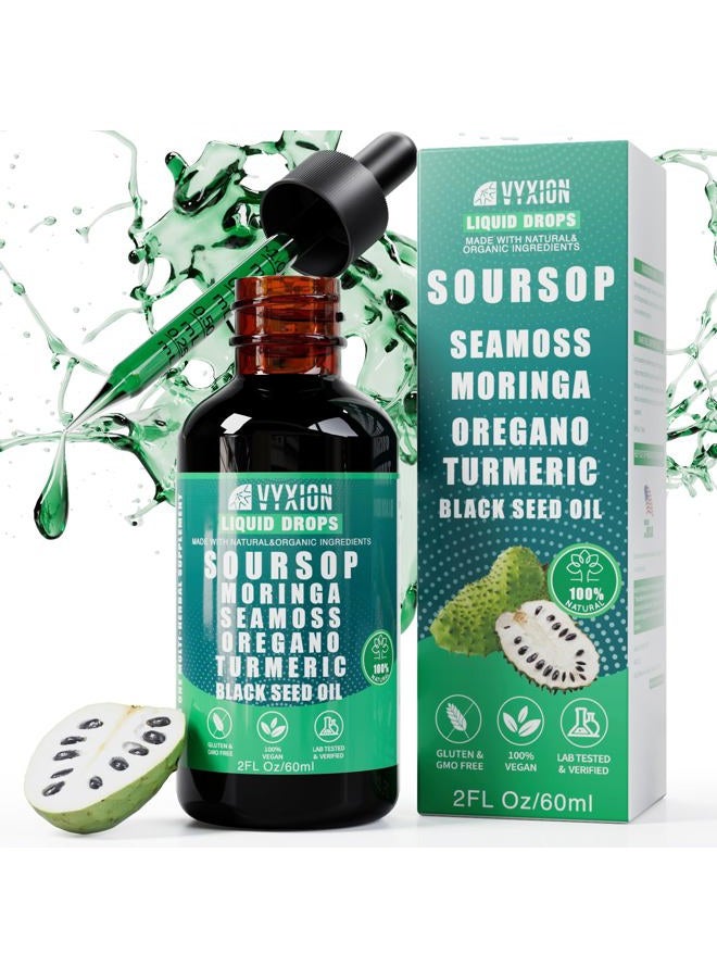 Vyxion Soursop Bitters Liquid Drops 10 in 1 with Sea Moss, Moringa, Turmeric, Black Seed Oil, Oregano, Ashwagandha | Herbal Extracts for Overall Health-Enhancing | Vegan, Non-GMO | 2 Fl Oz - Image 1