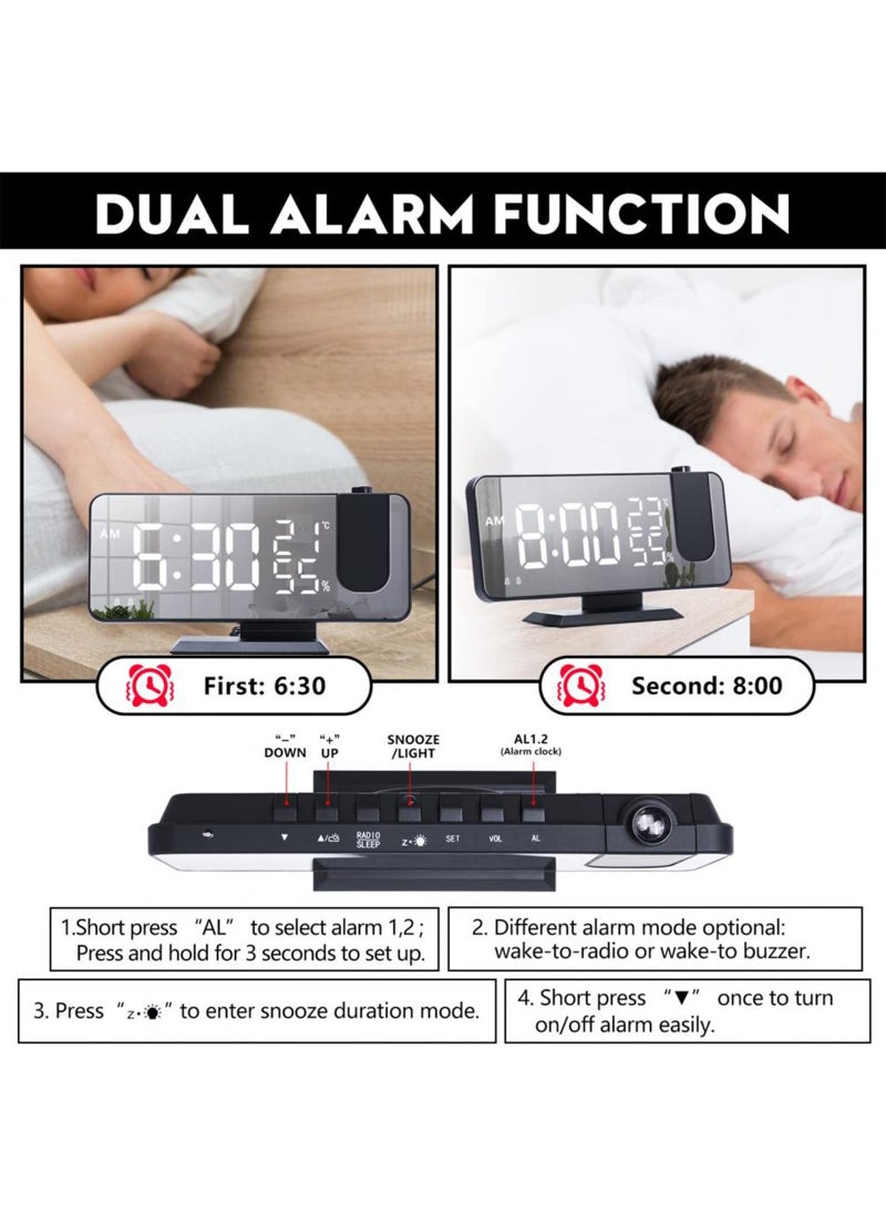 Projection Alarm Clock Bedroom Ceiling Digital Radio Alarm Clock with USB Mobile Phone Charger Dual LED Big Screen