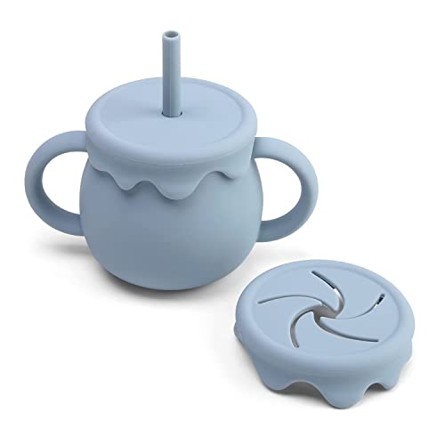 Ginbear Silicone Baby Cups with Straw and Lid for Snacks, 8.5 oz Spill-Proof Sippy Cups, Training Cup for Toddlers Ages (Green 2 in 1) - Image 1