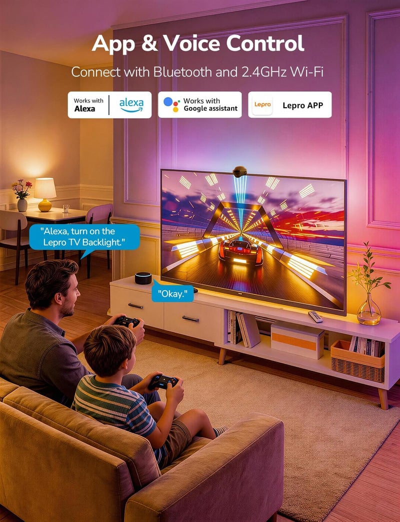 إضاءة خلفية ذكية للتلفزيون من Lepro STV1 مع كاميرا فائقة الاتساع لأجهزة التلفزيون مقاس 75-85 بوصة، شرائط LED، مزامنة فورية LightIMS، ألوان مطابقة للشاشة، ألعاب التلفزيون والسينما المنزلية، يعمل مع Alexa، واي فاي 2.4 جيجاهرتز - Image 4